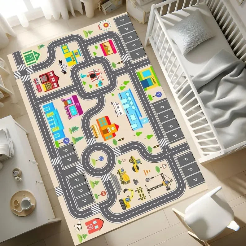 Kids Rug, Rectangular Polyester Playroom Carpet with Non-Slip Bottom, Washable City Map Style, 4 Size Options - product view 2
