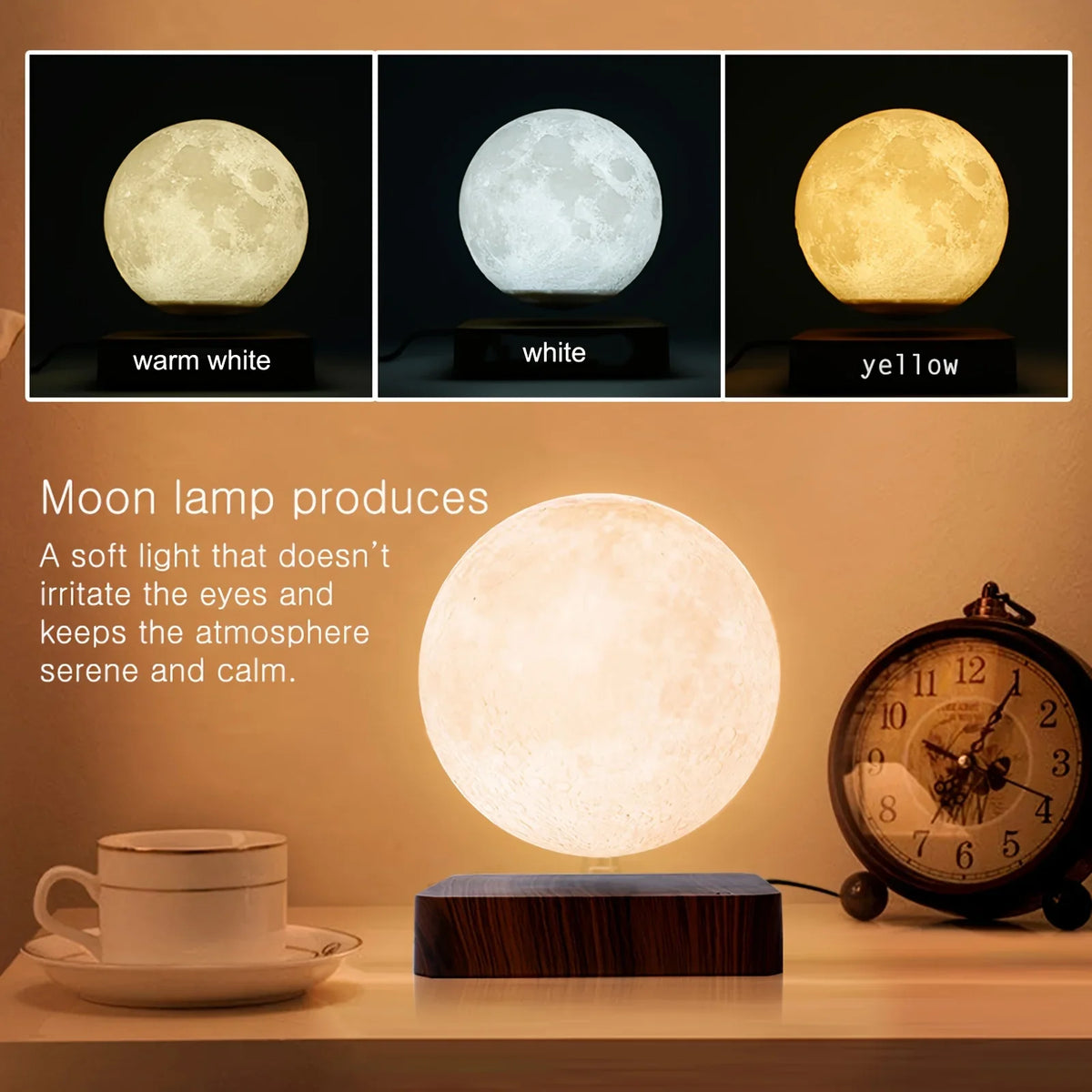 Magnetic Floating Moon Lamp, Rotating 3D LED Night Light, Three Color Temperatures with Wooden Base and US Plug - product view 3