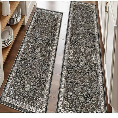 Floral Kitchen Rug Set, Machine-Made Polyester Mats with PVC Non-Slip Backing, Multiple Sizes, Gray or Blue - product view 1