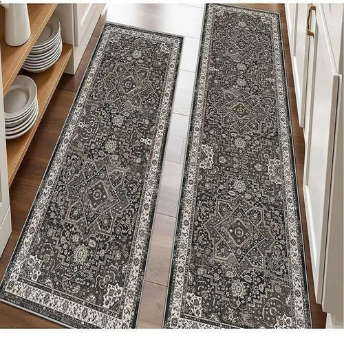 Floral Kitchen Rug Set, Machine-Made Polyester Mats with PVC Non-Slip Backing, Multiple Sizes, Gray or Blue - product view 1