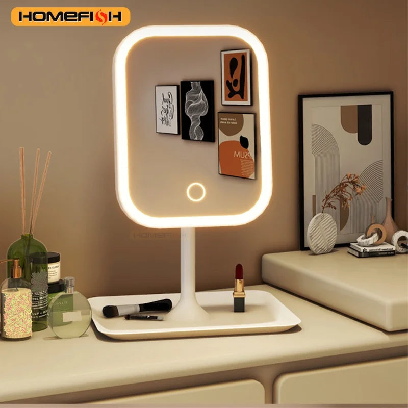 Framed Glass Vanity Mirror, Desktop LED Makeup Mirror with Touch Control and 3-Color Lighting in White - product view 1