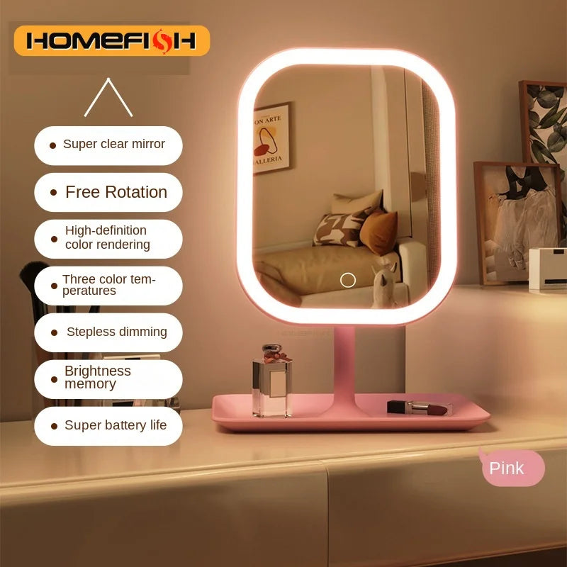 Framed Glass Vanity Mirror, Desktop LED Makeup Mirror with Touch Control and 3-Color Lighting in White - product view 2