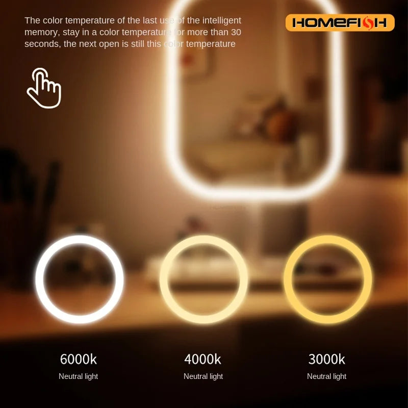 Framed Glass Vanity Mirror, Desktop LED Makeup Mirror with Touch Control and 3-Color Lighting in White - product view 3