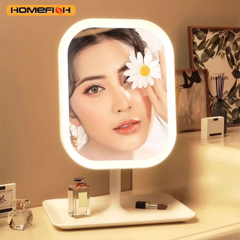 Framed Glass Vanity Mirror, Desktop LED Makeup Mirror with Touch Control and 3-Color Lighting in White - product view 4