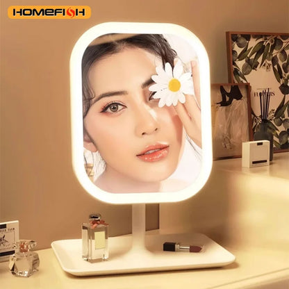Framed Glass Vanity Mirror, Desktop LED Makeup Mirror with Touch Control and 3-Color Lighting in White - product view 4