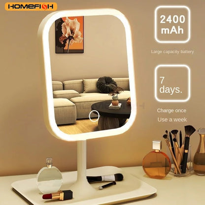 Framed Glass Vanity Mirror, Desktop LED Makeup Mirror with Touch Control and 3-Color Lighting in White - product view 5