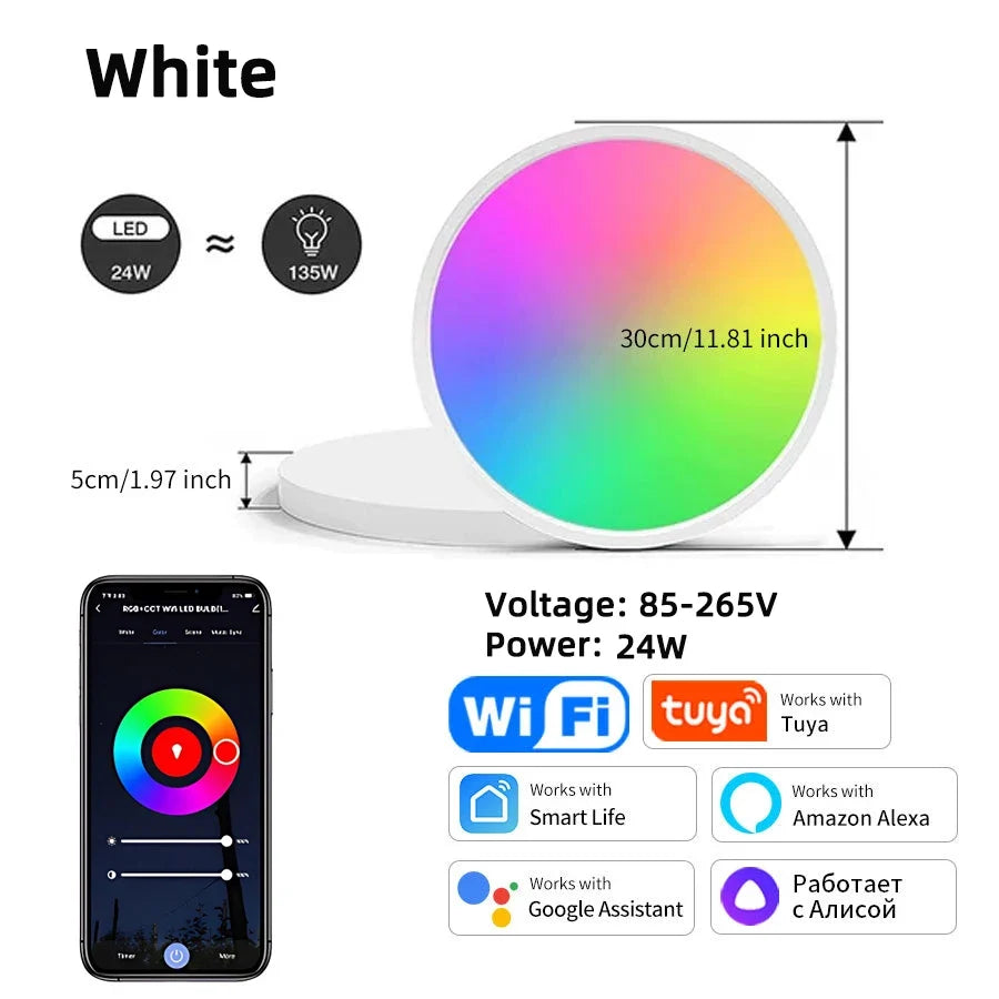 Smart LED Ceiling Light, 24W RGB and Adjustable White Light, WiFi/Bluetooth, App, Alexa and Google Home, 3000–6500K - product view 1