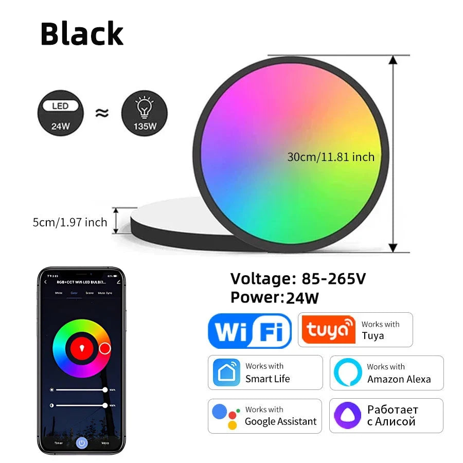 Smart LED Ceiling Light, 24W RGB and Adjustable White Light, WiFi/Bluetooth, App, Alexa and Google Home, 3000–6500K - product view 2