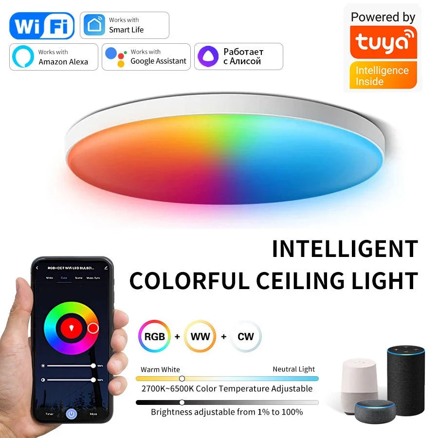 Smart LED Ceiling Light, 24W RGB and Adjustable White Light, WiFi/Bluetooth, App, Alexa and Google Home, 3000–6500K - product view 3