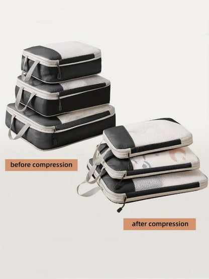 Expandable Packing Cubes, 3-Piece Polyester Travel Storage Set in Lake Blue, Black, Grey or Beige - product view 2