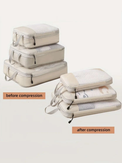 Expandable Packing Cubes, 3-Piece Polyester Travel Storage Set in Lake Blue, Black, Grey or Beige - product view 4