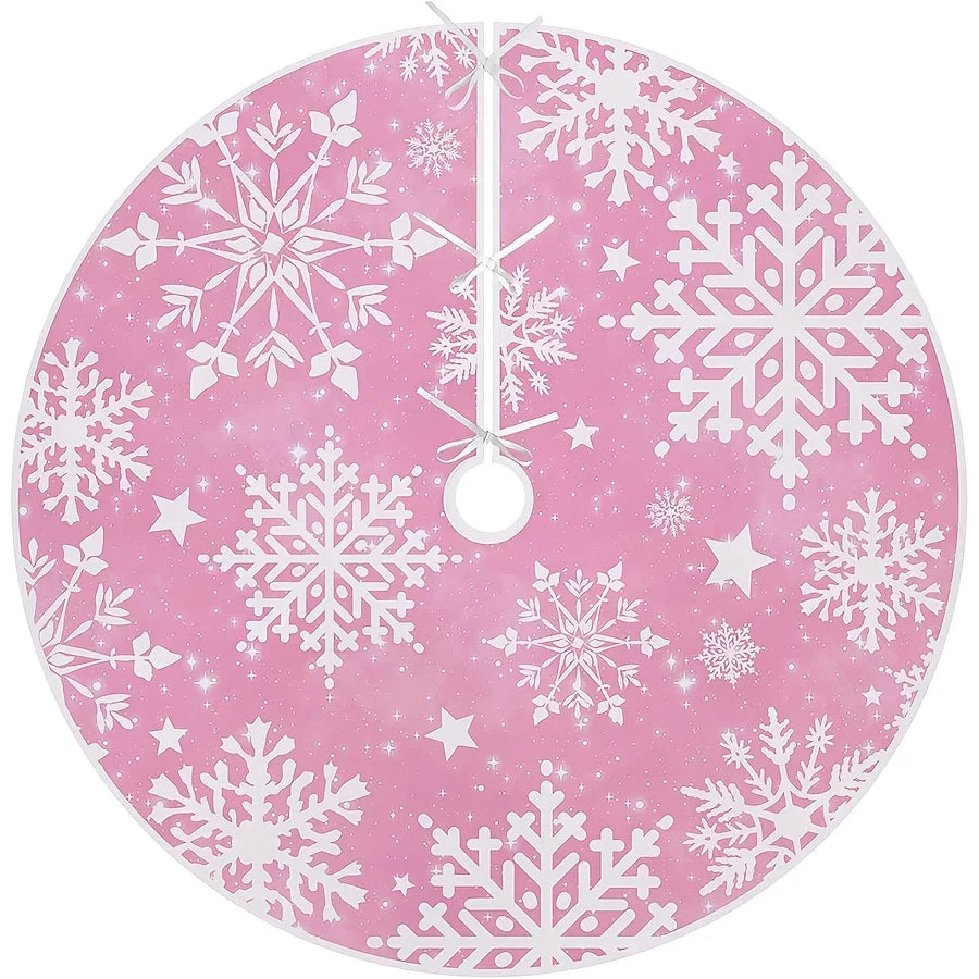 Pink Snowflake Christmas Tree Skirt, Cloth Round Tree Base Cover, 60–120 cm Diameter for Holiday Décor - product view 1
