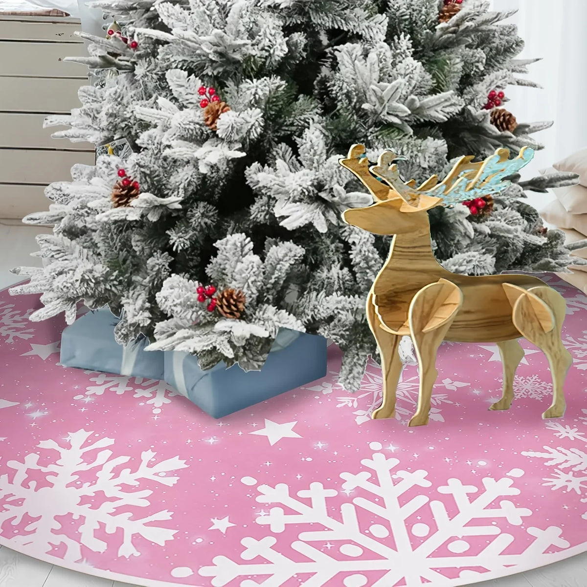 Pink Snowflake Christmas Tree Skirt, Cloth Round Tree Base Cover, 60–120 cm Diameter for Holiday Décor - product view 4