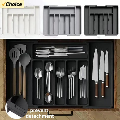 Adjustable Pantry Organizer Tray, Expandable Plastic Cutlery Drawer Organizer for Spoons, Forks, Knives and Utensils - product view 2