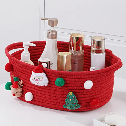 Fabric Decorative Storage Basket, Open-Top Art Deco Organizer for Christmas Tree Décor, Gifts and Candy, Green or Red - product view 3