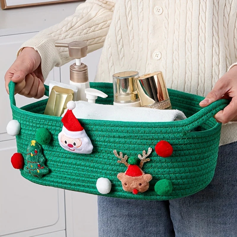 Fabric Decorative Storage Basket, Open-Top Art Deco Organizer for Christmas Tree Décor, Gifts and Candy, Green or Red - product view 4