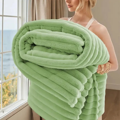 Striped Polyester Travel Blanket, Double-Sided Faux Rabbit Fur Feel, 3 Sizes for Home, Sofa and Camping - product view 1