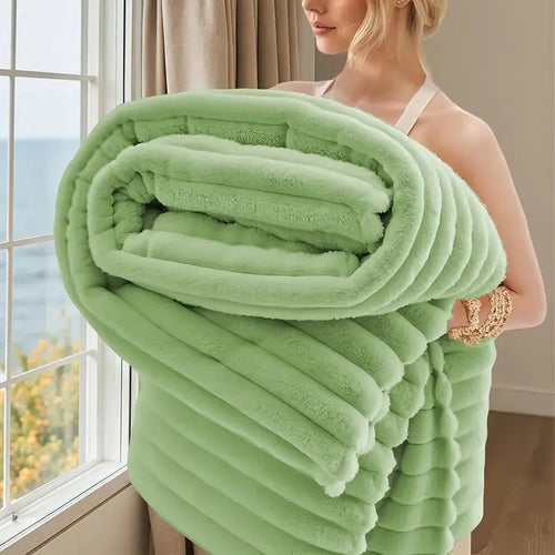 Striped Polyester Travel Blanket, Double-Sided Faux Rabbit Fur Feel, 3 Sizes for Home, Sofa and Camping - product view 1