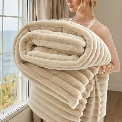 Striped Polyester Travel Blanket, Double-Sided Faux Rabbit Fur Feel, 3 Sizes for Home, Sofa and Camping - product view 2
