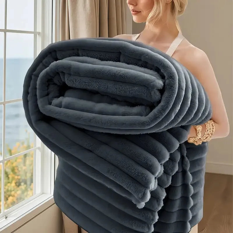 Striped Polyester Travel Blanket, Double-Sided Faux Rabbit Fur Feel, 3 Sizes for Home, Sofa and Camping - product view 4