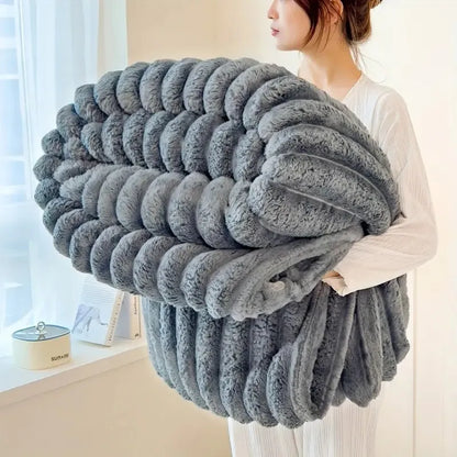 Striped Polyester Travel Blanket, Double-Sided Faux Rabbit Fur Feel, 3 Sizes for Home, Sofa and Camping - product view 5