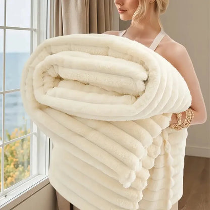Striped Polyester Travel Blanket, Double-Sided Faux Rabbit Fur Feel, 3 Sizes for Home, Sofa and Camping - product view 6