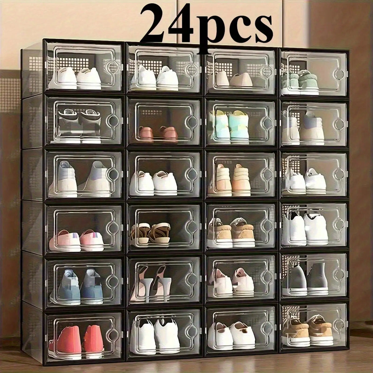Stackable Shoe Storage Box, Transparent Front-Opening Design with Lid, 24-Piece Combination, ABS Frame for Home Organization - product view 1