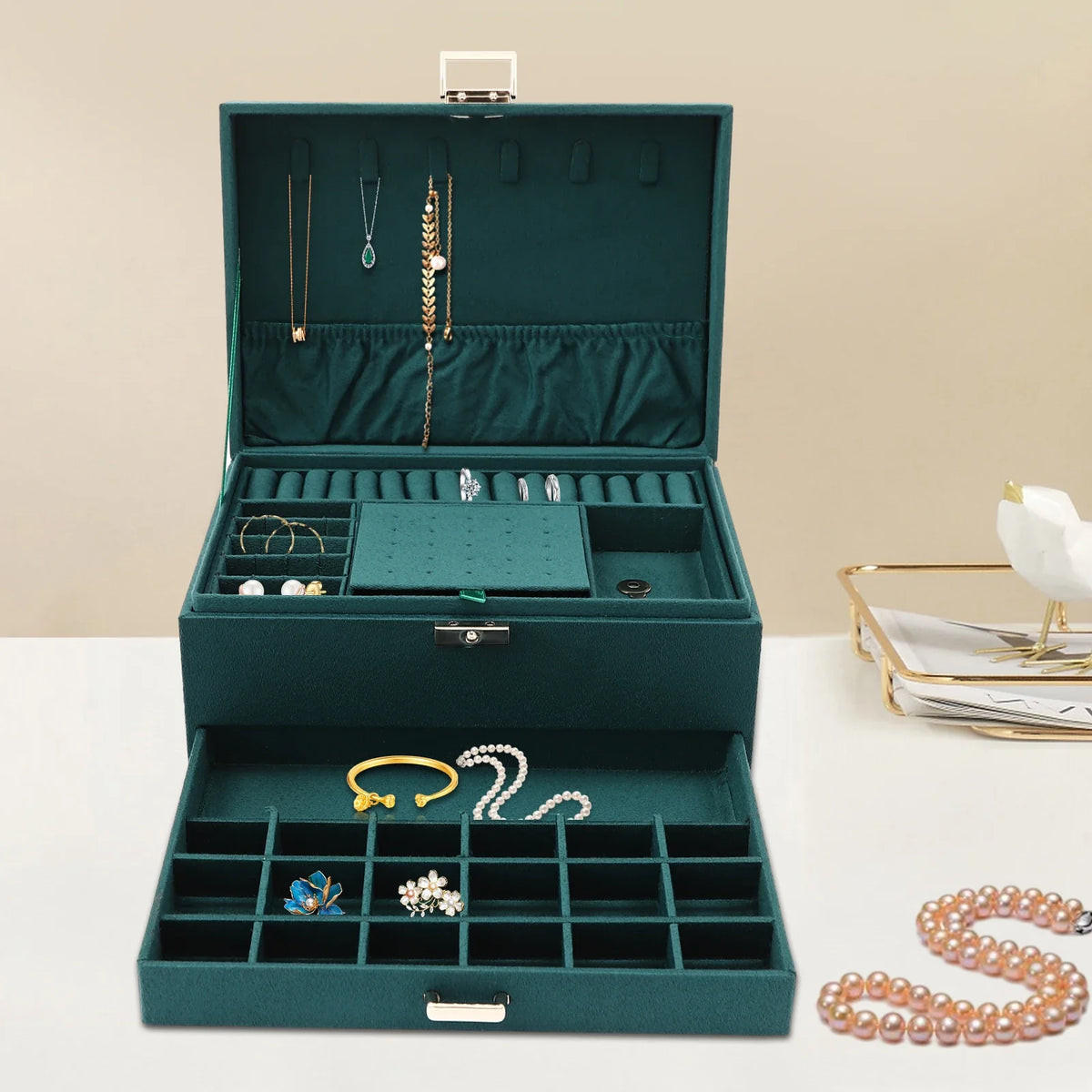 Green Jewelry Box Organizer, Jewelry Packaging and Display Case for a Refined Dressing Table Accent - product view 2