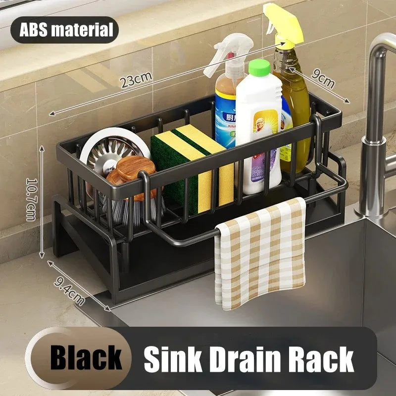 Kitchen Sink Organizer Spice Rack, ABS Drainage Shelf with Water Tray, Towel Bar and Hooks, No-Punch Storage for Counters - product view 1