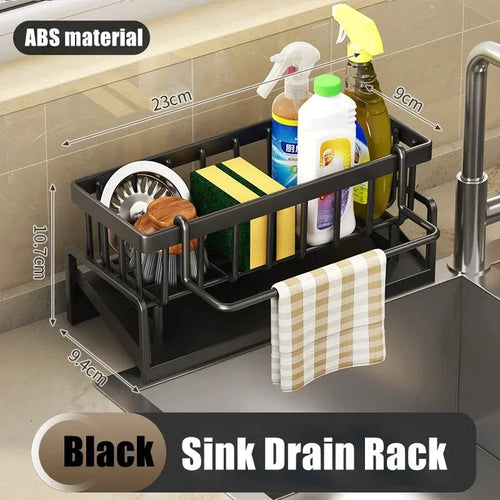 Kitchen Sink Organizer Spice Rack, ABS Drainage Shelf with Water Tray, Towel Bar and Hooks, No-Punch Storage for Counters - product view 1