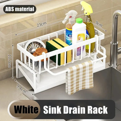 Kitchen Sink Organizer Spice Rack, ABS Drainage Shelf with Water Tray, Towel Bar and Hooks, No-Punch Storage for Counters - product view 2