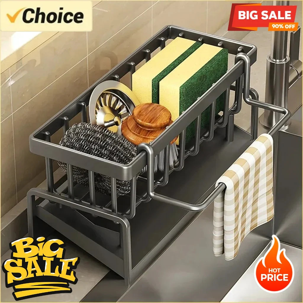 Kitchen Sink Organizer Spice Rack, ABS Drainage Shelf with Water Tray, Towel Bar and Hooks, No-Punch Storage for Counters - product view 4