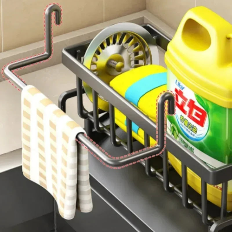 Kitchen Sink Organizer Spice Rack, ABS Drainage Shelf with Water Tray, Towel Bar and Hooks, No-Punch Storage for Counters - product view 5