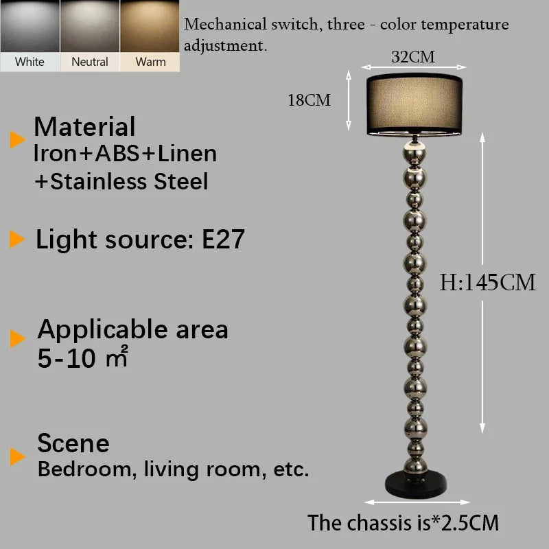 Modern LED Floor Lamp, Touch Switch, E27 Bulb Included, Three Color Temperatures, AC Powered, Black Metal Design - product view 1
