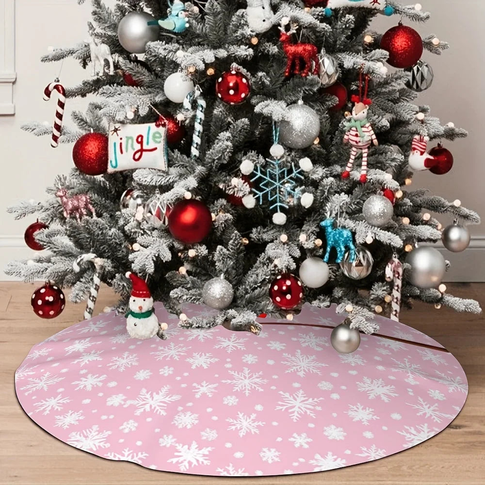 Pink Christmas Tree Skirt, Snowflake Pattern with Center Bow, Non-Woven Fabric, 60–120 cm Diameter Options - product view 2