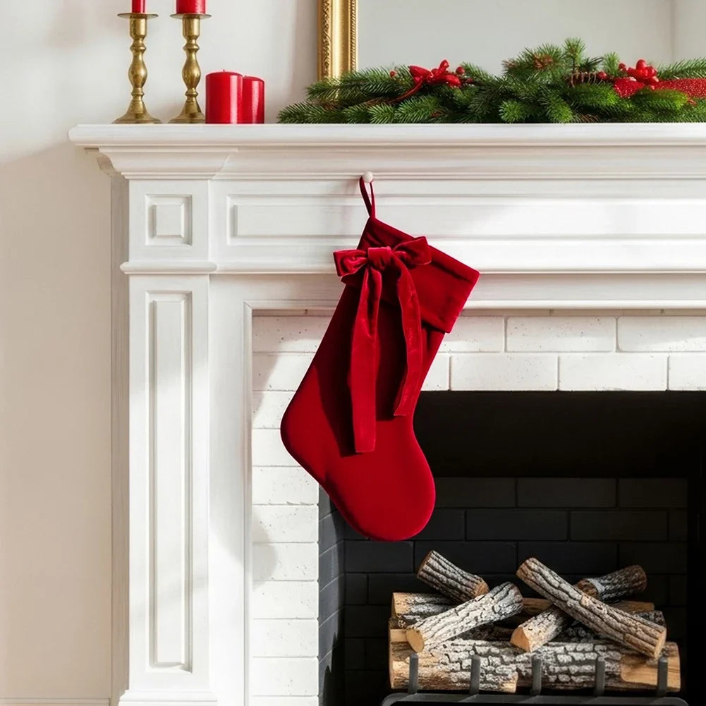 Christmas Velvet Stocking, Embroidered Hanging Fireplace Tree Décor and Reusable Gift Pouch, Green or Red - product view 3