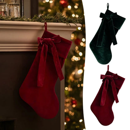 Christmas Velvet Stocking, Embroidered Hanging Fireplace Tree Décor and Reusable Gift Pouch, Green or Red - product view 5