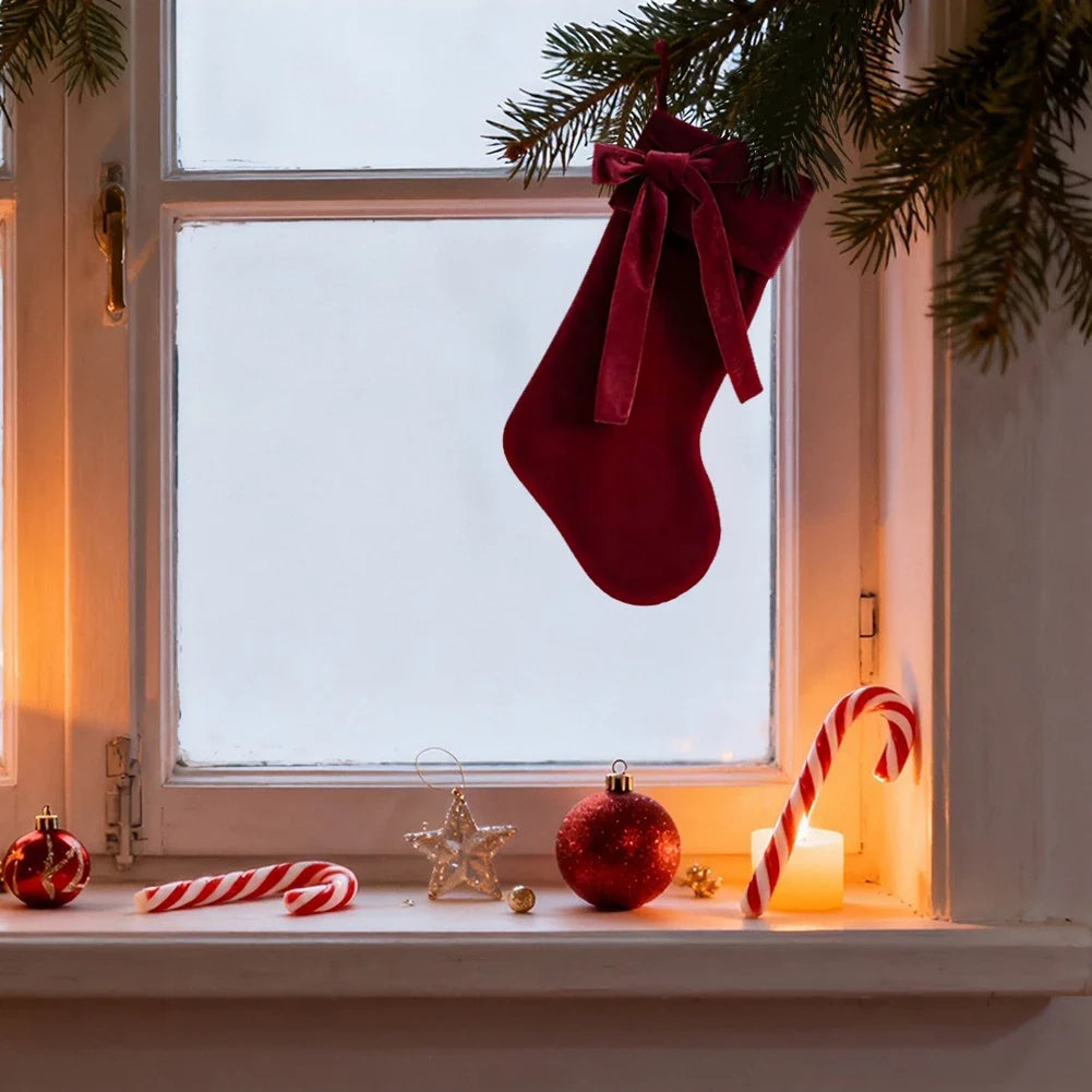 Christmas Velvet Stocking, Embroidered Hanging Fireplace Tree Décor and Reusable Gift Pouch, Green or Red - product view 6