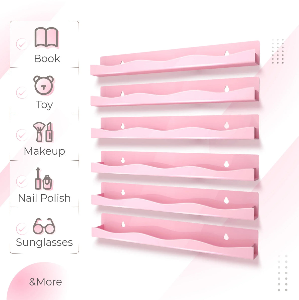 Pink Acrylic Wall Shelf, 6-Pack 15-Inch Nail Polish Organizer for 48–66 Bottles, Multi-Purpose Display Storage - product view 2