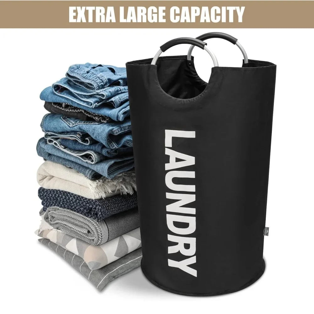 90L Foldable Laundry Basket, Collapsible Waterproof Clothes Hamper with Aluminum Soft-Grip Handles, Black or White - product view 1