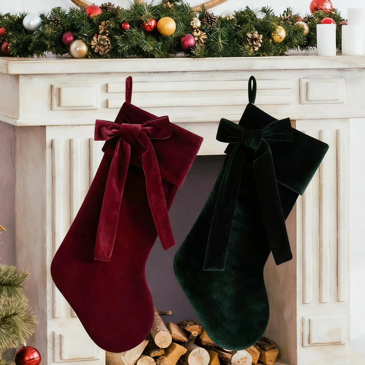 Cotton Christmas Stocking with 3D Bow, Hanging Loop, 25 x 32 cm, Red or Green Holiday Mantel Decor - product view 3