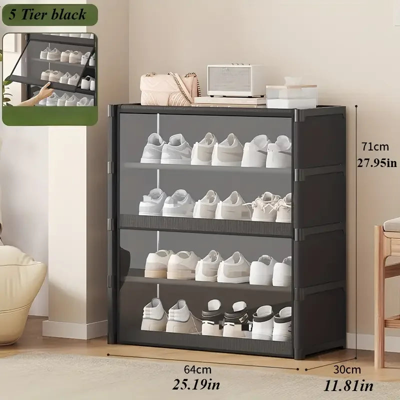 Transparent Shoe Cabinet Organizer, Iron Frame Closed Rack with Plastic Panels, Black 5-, 7- or 9-Level Storage - product view 1