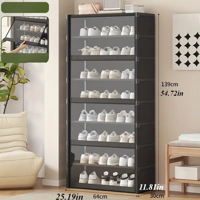 Transparent Shoe Cabinet Organizer, Iron Frame Closed Rack with Plastic Panels, Black 5-, 7- or 9-Level Storage - product view 3