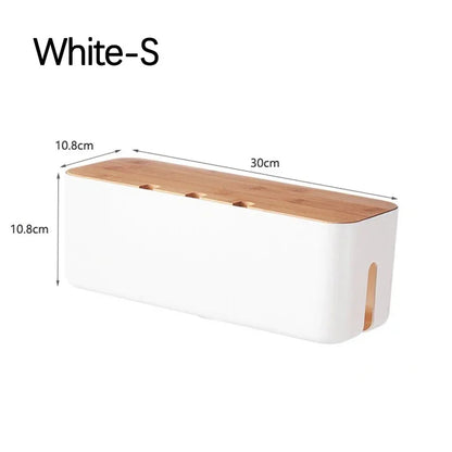 Cable Storage Box with Bamboo Cover, Plastic Wire Management Organizer for Power Strips and Desk Cables, Small or Large - product view 1