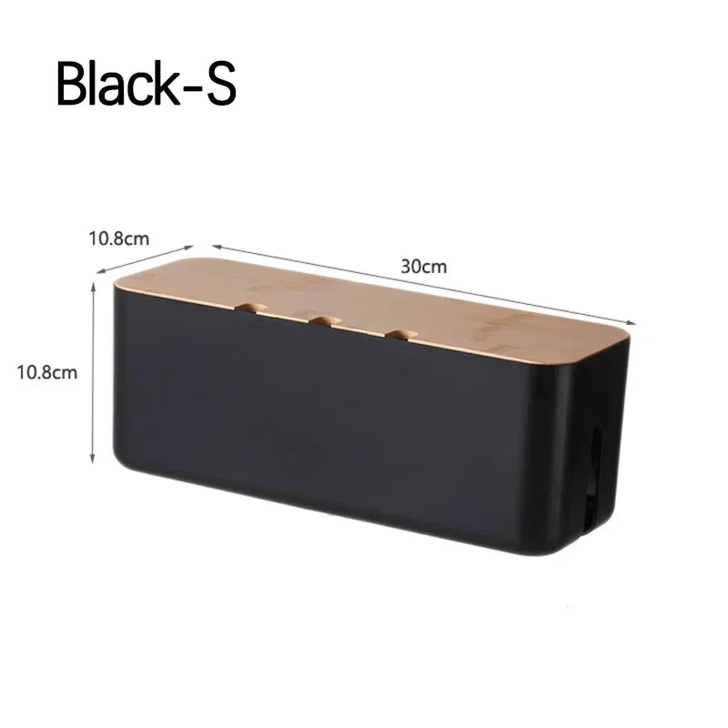 Cable Storage Box with Bamboo Cover, Plastic Wire Management Organizer for Power Strips and Desk Cables, Small or Large - product view 2