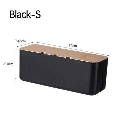 Cable Storage Box with Bamboo Cover, Plastic Wire Management Organizer for Power Strips and Desk Cables, Small or Large - product view 2