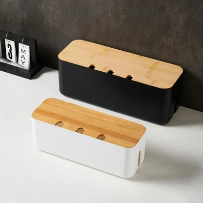 Cable Storage Box with Bamboo Cover, Plastic Wire Management Organizer for Power Strips and Desk Cables, Small or Large - product view 5