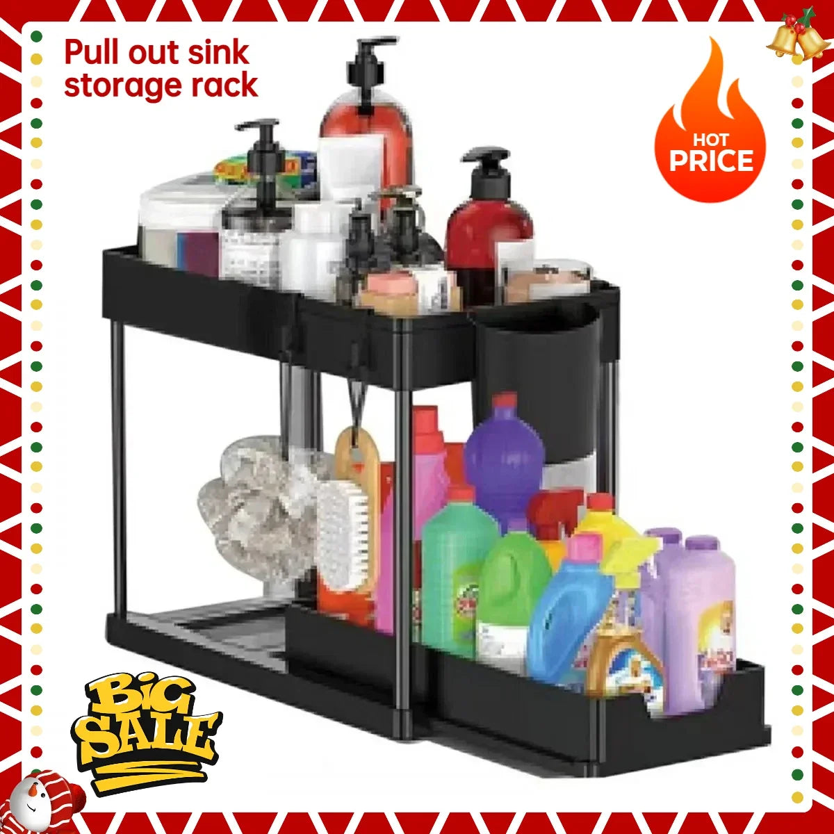 2-Tier Under-Sink Organizer, Sliding Pull-Out Cabinet Basket with 4 Hooks, BPA-Free Plastic Kitchen and Bathroom Storage - product view 2