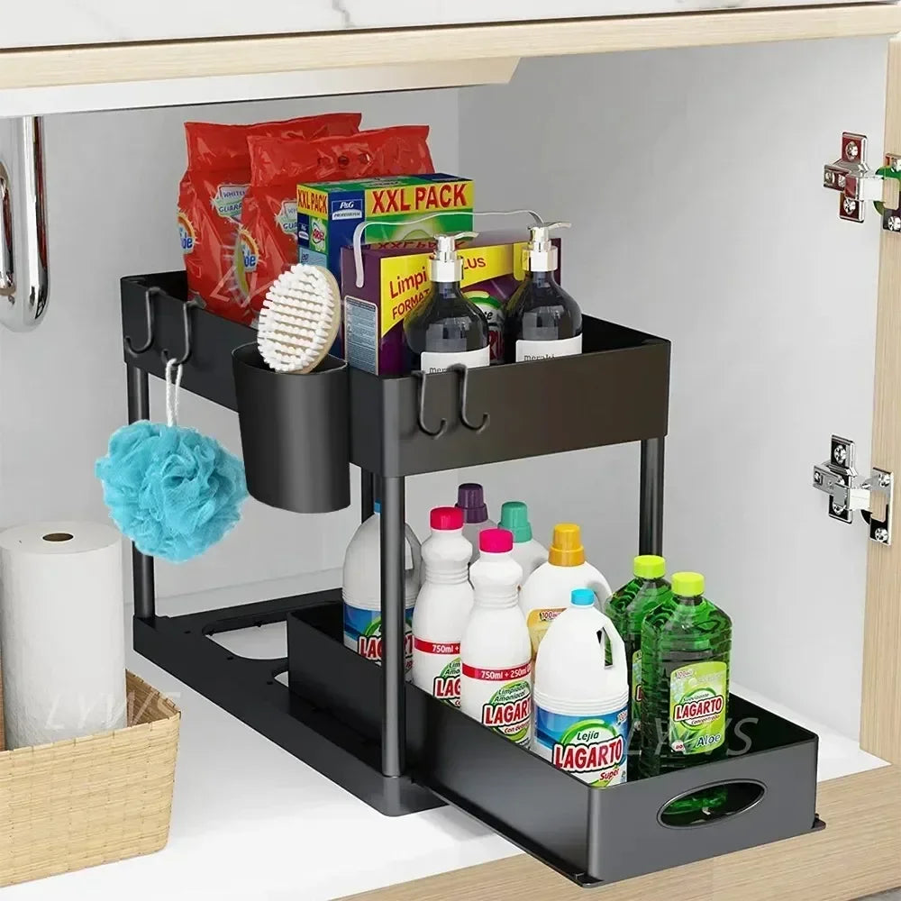 2-Tier Under-Sink Organizer, Sliding Pull-Out Cabinet Basket with 4 Hooks, BPA-Free Plastic Kitchen and Bathroom Storage - product view 4