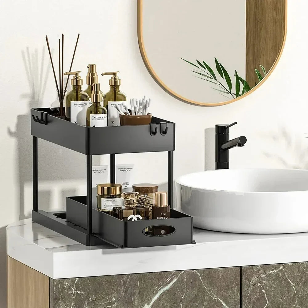 2-Tier Under-Sink Organizer, Sliding Pull-Out Cabinet Basket with 4 Hooks, BPA-Free Plastic Kitchen and Bathroom Storage - product view 5